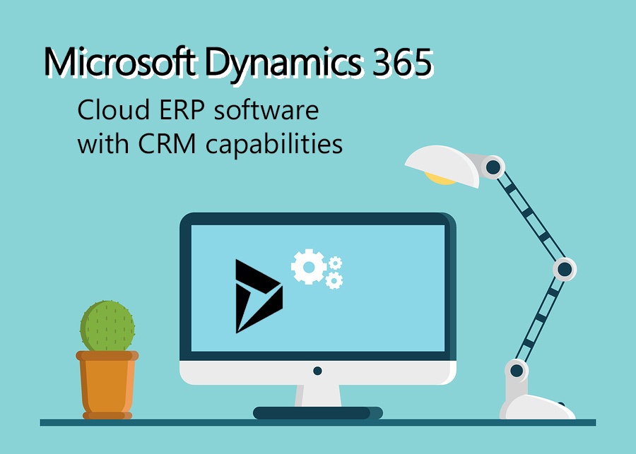 Dynamics 365- Cloud ERP software with CRM capabilities title with computer