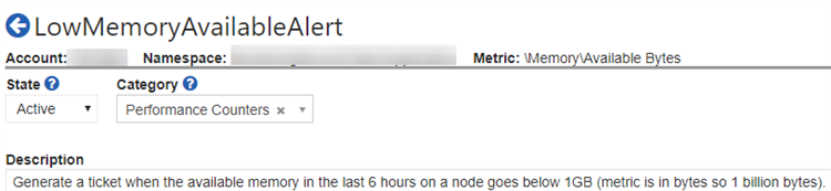 Configuration of a monitor that fires a ticket when the available memory in the last 6 hours on a node goes below 1GB